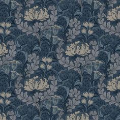 a blue and grey wallpaper with flowers on the back ground, in an ornate pattern