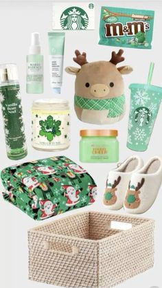 the contents of a starbucks gift set including slippers, mugs and other items