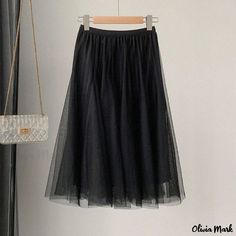 Olivia Mark - Bicolor Chiffon Mesh Midi Skirt with Vertical Pleats and Ethereal Draped Design Black Tulle Bottoms With Pleated Skirt, Flowy Black Tulle Skirt, Fitted Stretch Black Sheer Skirt, Black Stretch Sheer Skirt, Black Stretch Skirt With Sheer Details, Black Sheer Flowy Skirt, Black Stretch Tulle Bottoms, Sheer Black Skirt For Summer, Black Sheer Long Skirt