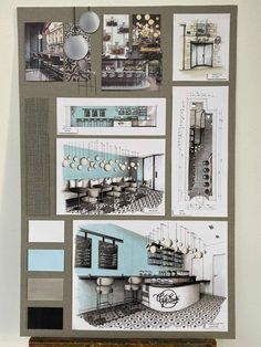 a collage of architectural drawings and photos on a wall above a table with stools