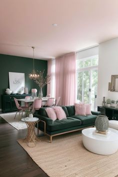 a living room filled with furniture and pink curtains