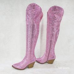 Brand New Stunning Country Western Thigh High Boots By Style Loop Super Sparkle Purple Rhinestone Boots Western Cut 3" (Approx.) Heels Half Side Zipper For Easy Usage Brilliant Coloring Definite Head Turners Total Height Including Heel 23" Pink Fitted Boots For Party Season, Fitted Pink Boots For Party Season, Trendy Embellished Fitted Boots, Western Style Knee-high Boots With Pointed Toe For Party, Country Glam, Rhinestone Boots, Boots Western, Neon Aesthetic, Purple Rhinestone