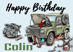 an image of a happy birthday card with a car and mechanic's tools on it