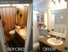 before and after photos of a bathroom remodel with white cabinets, beige counter tops, and striped shower curtain