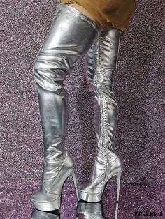 Silver Thigh High Boots, Metallic Clothing, Silver Boots, Designer High Heels, Metal Clothing, Womens Knee High Boots, Silver Shoes