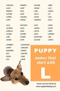 a dog with the words puppy names that start with l