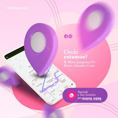 an advertisement for a cell phone with purple circles around it and the text, onde estamoos?