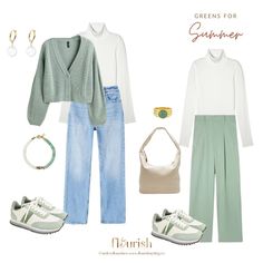 Best Greens for Each Season - flourishstyling.co True Summer Color Palette Clothes, Muted Green Outfit, Mute Summer Outfit Ideas, Soft Summer Style Outfits, Light Summer Fashion, Summer Color Season Outfits, Light Summer Fall Outfits, True Summer Outfits Inspiration, Light Summer Winter Outfits