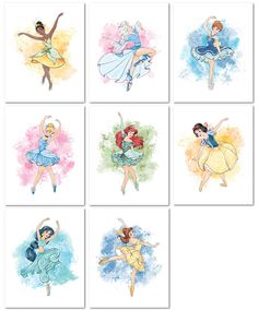 six watercolor paintings of disney princesses in various poses, with their arms spread out