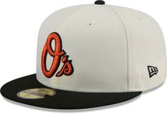 the baltimore orioles new era 59fifty fitted hat is white and black with an orange logo