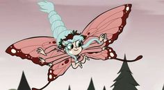 a cartoon character flying through the air with a pink butterfly on her back and trees in the background