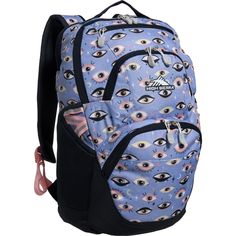 a blue backpack with an eye pattern on it