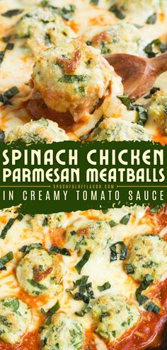 Spinach Chicken Parmesan Meatballs in Creamy Tomato Sauce, easy dinner ideas, easy chicken recipes for dinner Chicken Florentine Meatballs, Ground Chicken Parmesan Meatballs, Basil Parmesan Chicken Meatballs, Chicken Spinach Feta Meatballs, Recipes Using Chicken Meatballs, Ground Chicken Recipes For Dinner Casseroles, Baked Chicken Ricotta Meatballs, Chicken Spinach Meatballs