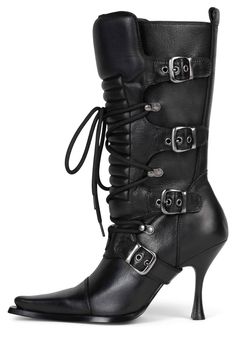 Mid-calf stiletto moto-inspired boot Fits true to size Measurements taken from a size 7 3.5" Heel, 0.25" Platform 9.5" Shaft, 10" Leg Opening Leather Upper, Leather / Fabric Lining, Synthetic Sole Zipper & Lace-up closure Edgy Boots, Carnival Christmas, Dancing Club, School Party, Edgy Style, Black Heel, Motorcycle Boots, Long Boots, Heel Type