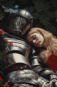 a painting of a woman laying on top of a knight's armor next to flowers