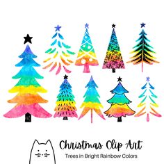 christmas clip art trees in bright rainbow colors for kids and adults to use on their crafts