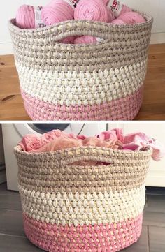 two baskets with balls of yarn in them, one is pink and the other is white