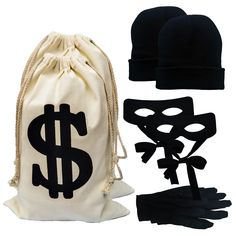 a bag with a dollar sign on it next to gloves and a mask in the shape of a skull