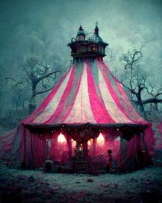 a pink and white circus tent in the middle of a forest at night with lights on