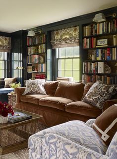 a living room filled with furniture and lots of books