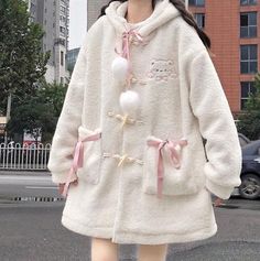 Cute Oversized Hoodie Outerwear, Kawaii Cotton Hoodie For Winter, Winter Kawaii Cotton Hoodie, Cute Cotton Winter Hoodie, Cute Cotton Hoodie For Winter, Kawaii Hooded Outerwear For Fall, White Kawaii Hoodie Outerwear, White Kawaii Outerwear For Winter, Cute Beige Long Sleeve Outerwear