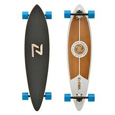 two skateboards side by side, one with blue wheels and the other has an orange stripe