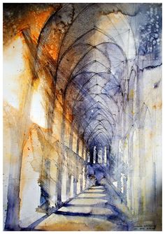 watercolor painting of the inside of an old building