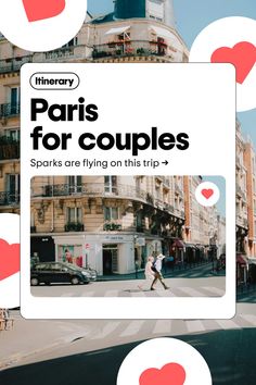 an advertisement for the paris couple's trip with hearts flying over it and buildings in the background