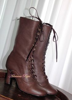 "Request a Custom Order and have something made just for you! This is an individual boot execution for wider feet strong calf and narrow feet too. Beautiful Victorian High Heel Boots inspired from 1900 boot style. Best Italian worn leather in Brown colour with suede leather linen inside also. Are issued by limited series. Mid calf height: height of the heel 2.5\" inch/ 7 cm length of the boot from the bottom of the sole (at the heel) to the top 10\" inch / 25,5 cm To order, please follow the ste Medieval Style Round Toe Boots For Fall, Edwardian Boots, Boots Costume, Leather Boots Brown, Retro Boots, Granny Boots, Costume Boots, Victorian Boots, Dark Brown Boots