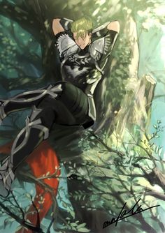 an anime character is sitting in the middle of a tree with his arms behind his back