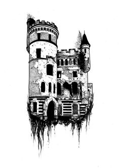 an ink drawing of a castle in black and white