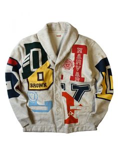 KAPITAL - Shawl Collar 'Ivy League' Cardigan - K1501LC82 ECRU - H. Lorenzo Varsity Cardigan, Vintage Varsity, Ivy Style, Creation Couture, Letterman Jacket, Hoodie Men, Ivy League, Vintage Graphic, College Fashion