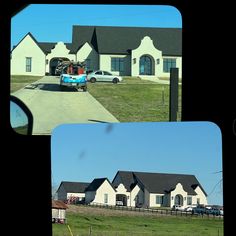 a car parked in front of a white house on a road next to a field