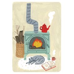 an illustration of a cat sleeping in front of a stove with a pipe coming out of it