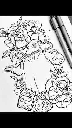 a coloring page with flowers and dices on it