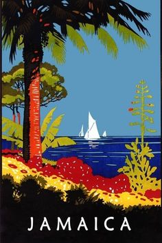 an old poster advertising virgin islands with sailboats on the water and palm trees in the foreground