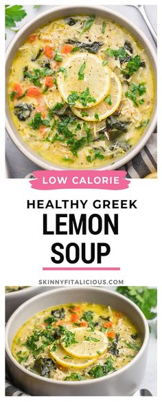 two bowls filled with healthy greek lemon soup