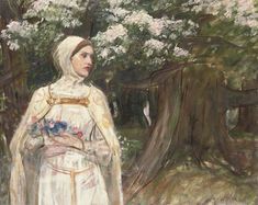 a painting of a woman standing in front of some trees and bushes with white flowers