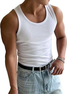 COZYEASE Men's Summer Tank Top Scoop Neck Workout Gym Muscle Tank T-Shirt Sleeveless Tank Undershirt White S at Amazon Men’s Clothing store White Tank Top Outfit, Mens Tank Tops Summer, Men Aesthetic, Solid Tank Tops, Tank Top Outfits, Elegante Casual, Ribbed Tank Tops, Tee Shirt Homme, Tankini Top