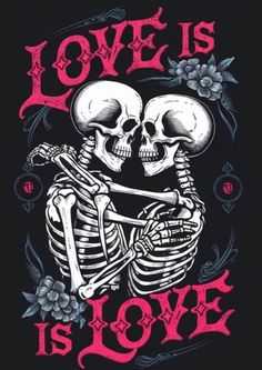 a couple of skeletons hugging each other with the words love is love