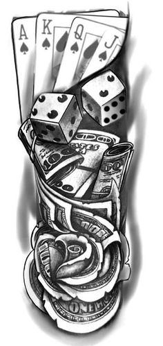 a stack of money with playing cards and dice in the middle, on top of each other