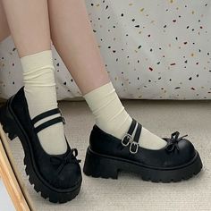 Platform Double Strap Plain Bow Accent Faux Leather Mary Jane Shoes Size 35 36 37 38 39 Heel Height 5.5 5.5 5.5 5.5 5.5 measurement is cm.Product Information Material: Upper: PUOutsole: Rubber Color: Black Cute Mary Janes, Mary Jane Shoes Black, Leather Mary Jane Shoes, Mary Jane Platform Shoes, Leather Mary Janes, Jane Shoes, Mary Jane Shoes, Trendy Fashion Women, Kawaii Fashion