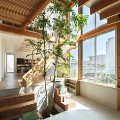 a living room filled with furniture and a tree in the middle of it's center