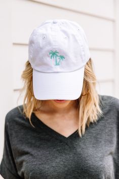 palm embroidered hat White Beachy Sun Hat One Size Fits Most, White Cotton Sun Hat For Beach Season, White Cotton Summer Hat, White Cotton Vacation Hat, Spring Vacation Cotton Baseball Cap, Beachy White Hats For Poolside, Trendy Embroidered Beach Hat, White Beachy Hat, One Size Fits Most, White Baseball Cap For Beach Season