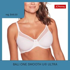 The smooth look you love in One Smooth U bras in a breathable lightweight design.Soft Inner Sling For Added Support And Shaping.Sheer Neckline Is Ultra Smooth.Convertible Straps For Versatility.Natural Shaping Without The Extra Bulk.Two-ply Back For Added Back Smoothing.The One Smooth U Collection Lies Flat Under Your Clothes With No Bra Lines.Back-adjustable Straps For Custom Fit.Comfort-U Design For Stay-in-place Straps.Bra Type: T-Shirt, Underwire, Full CoverageFeatures: Adjustable Straps, B… Full Coverage Bra, Full Figured, Custom Fit, Convertible, Bali, Adjustable Straps, Bra, T Shirt, White