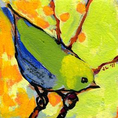 a painting of a blue and green bird perched on a branch with yellow leaves in the background