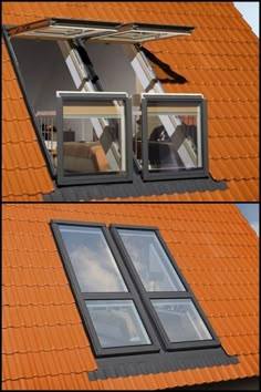 two windows on the side of a building with orange roof tiles and an open window