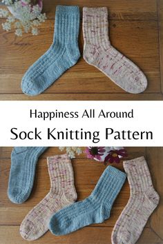 two different knitted ribbed socks, one in light blue and one in cream with colorful speckles. a text saying happiness all around sock knitting pattern. Sock Yarn Projects, Knit Socks Pattern, Crochet Luxury, Diy Granny Square, Knitted Socks Free Pattern, Texture Socks