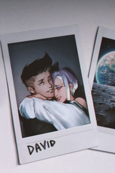 two polaroids with an image of a couple hugging in front of the moon