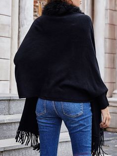 Solid Fringe Hem Dolman Sleeve Open Front Cape Cardigan Tassel Outfit, Poncho Pullover, Winter Formal Dresses, Fur Collar Jacket, Elegant Jacket, Poncho Cardigan, Winter Shawl, Fringed Poncho, Shawl Cardigan